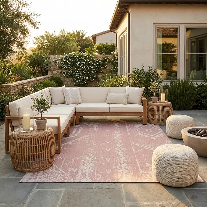 Unique Loom Outdoor Bohemian Collection Area Rug - Anthro (9' 10" x 13' 1" Rectangle, Pink/ Ivory)