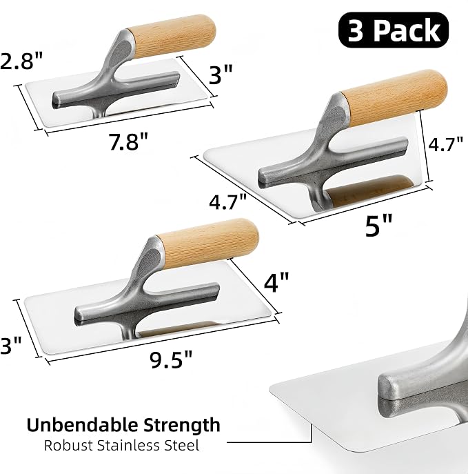 3 Pack Venetian Plaster Trowel Set, Stainless Steel Finishing Trowel, Art Paint Plastering Tool with Wooden Handle, 1 mm Thick Construction Hand Tools for Concrete, Cement, Drywall Repairs
