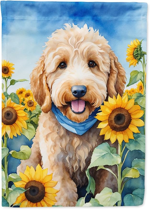 Caroline's Treasures DAC6089CHF Goldendoodle in Sunflowers House Flag Large Porch Sleeve Pole Decorative Outside Yard Banner Artwork Wall Hanging, Polyester, House Size, Multicolor