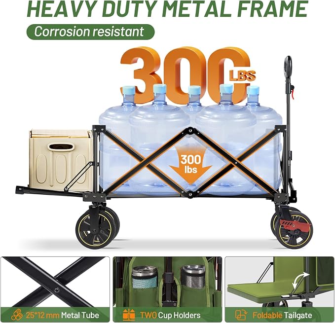 Timber Ridge 49" Extra Long Collapsible Folding Wagon with Tailgate and Brakes, 300lbs Heavy Duty Foldable Wagon with Adjustable Handle, 250L Capacity Portable Cart for Outdoor Camping Sports, Green