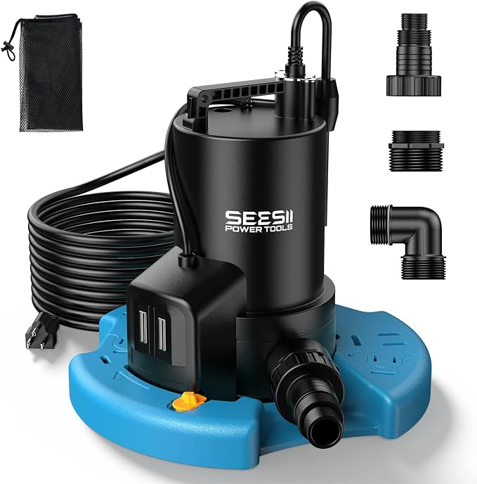 SEESII Auto 2-in-1 Pool Cover & Submersible Water Pump, 1/3 HP | 3035 GPH Sump Pump, Smart Auto On/Off, Clog-Free Net. Ideal for Pools, Flooded Basements, Hot Tubs & Garden Ponds