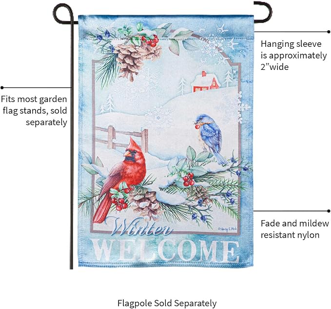 Evergreen Flag Snow Country Birds Lustre Garden Flag 12x18 Double Sided | Winter Garden Flag for Outside | Weather and Fade Resistant | Outdoor Flag For Yards and Gardens