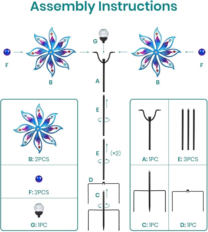 Solar Wind Spinner Outdoor Mandala Kinetic LED Garden Yard Art Decor | Hand-Crafted Art, 3D mandala wind spinner, Whisper-quiet dual bearings, Stable 5-prong stake, Blue Purple Fade