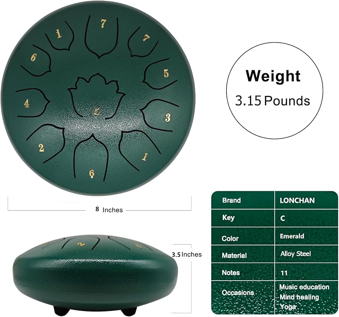 Rain Drum for Outside Garden, 8-Inch Steel Tongue Drum with 11 Notes, Percussion Instrument, Includes Packing Bag, Music Book, and Mallets, Ideal for Meditation, Yoga, and Relaxation