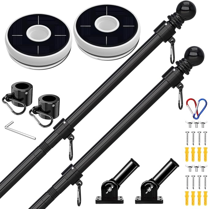 ZMTECH 2 Pcs 6FT American Flag Pole Kit with Solar Light, 180° Adjustable Flag Holder, Tangle Free Stainless Steel Flag Pole for Outside House, Black (No Flag Included)