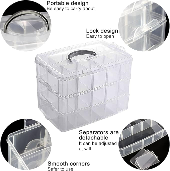 Guyuyii 3-Tier Stackable Bead Organizer with Adjustable Dividers and Handle | Portable Storage Case for Craft, Sewing, Jewelry Making | Compatible with Beads, Embroidery Floss, Washi Tape, Lego Pieces