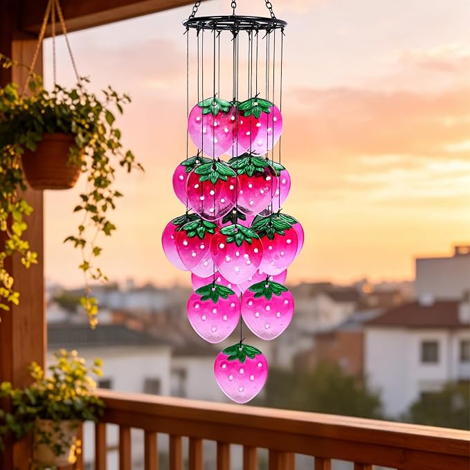 Glass Strawberry Wind Chimes - Hand-Painted Glass Strawberry Suncatcher for Window,Outdoor Garden Decor,Colorful Strawberry Ornaments Hanging Wall Art for Patio,Unique Memorial Gifts for Women & Mom