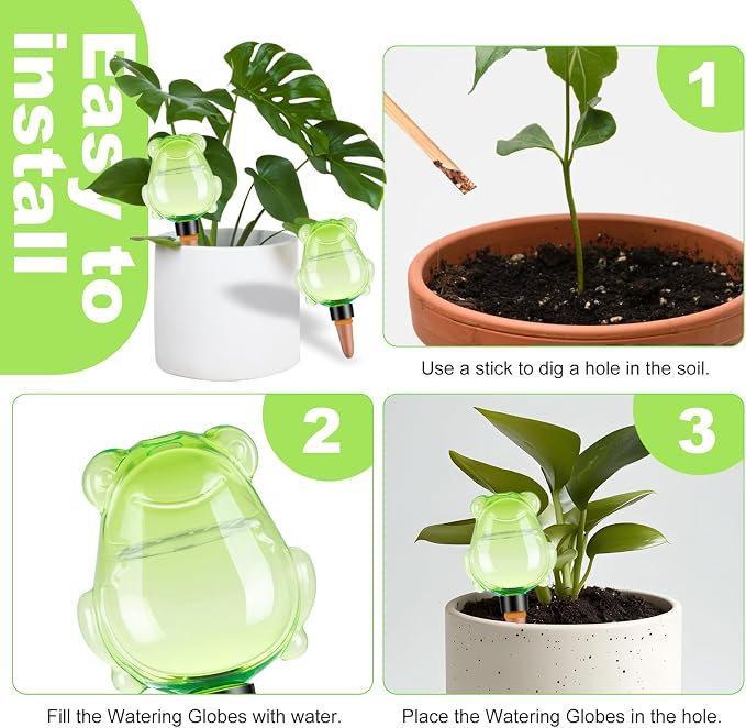 3Pcs Frog Plant Self Watering Globes for Indoor and Outdoor Plastic Water Bulbs Top Fill Plant Watering Globes Slow Release Terracotta Plant Watering Devices System for Plants, Green