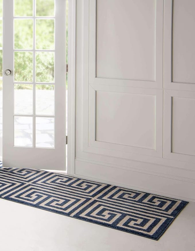 Unique Loom Athens Collection Classic Geometric Modern Border Design Area Rug (2' 7 x 10' 0 Runner, Navy Blue/ Beige)