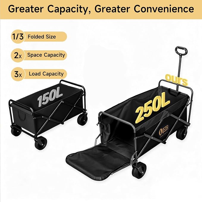 56" Large Collapsible Folding Wagon with Tailgate and Brake, 600LBS Heavy Duty Utility Cart, 250L Large All-Terrain Beach Wagon for Camping Garden Shopping Grocery Sports