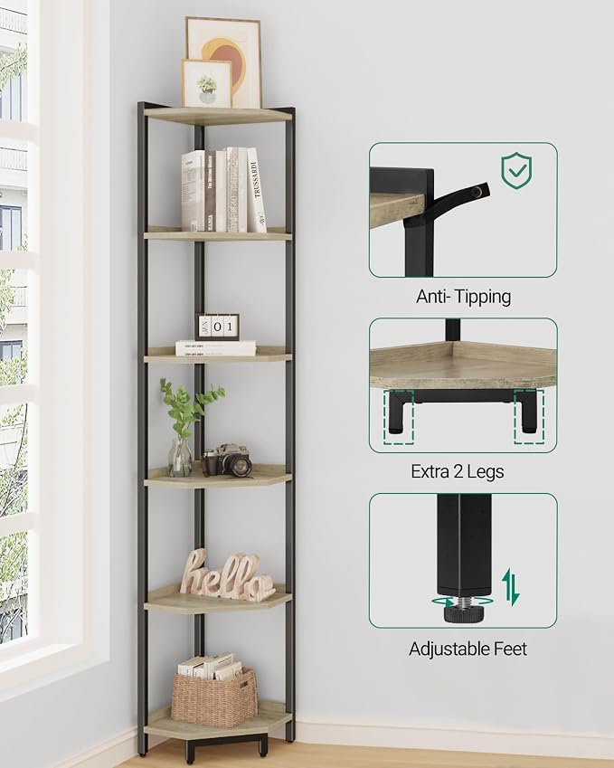 Hzuaneri Corner Shelf Stand, Corner Bookshelf, Storage Standing Shelf Unit with Metal Frame, Plant Stand, Bookcase for Living Room, Home Office, Bedroom, 6-Tier Greige CS06005B