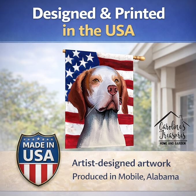 Caroline's Treasures CK6563CHF Hunting Dog American Flag House Flag Large Porch Sleeve Pole Decorative Outside Yard Banner Artwork Wall Hanging, Polyester, House Size, Multicolor