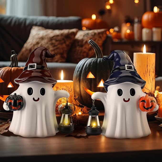 Suzile 2 Pack Halloween Outdoor Decoration 9.5 Inch Spooky Ghost Statues with Solar Lantern Light Pumpkin for Garden Halloween Figurine Cute Resin Ghost for Lawn Patio Party Indoor Home Decor Gift