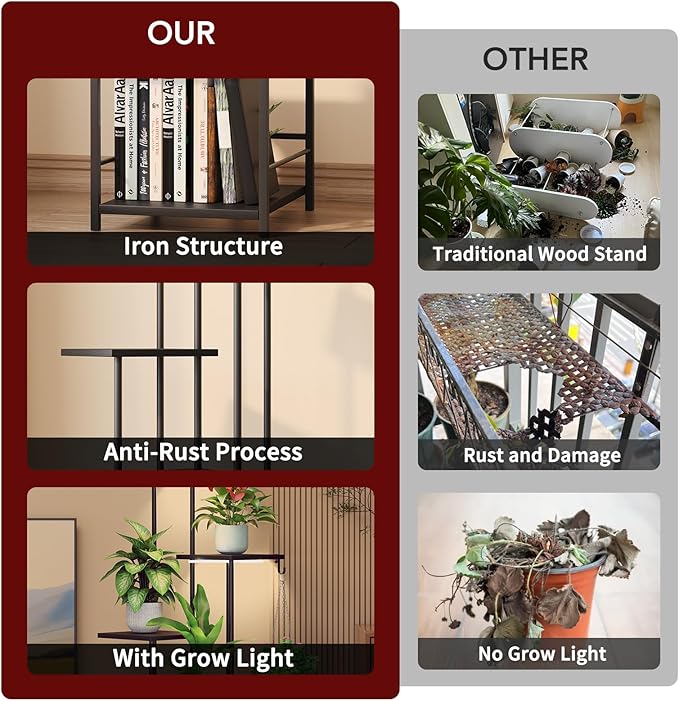 Homsorout Plant Stand Indoor with Grow Light - 6-Tier Metal Plant Shelf with Hanging Basket Hook, Corner Tall Flower Holder for Multiple Plants, Living Room Balcony Garden Patio, Black