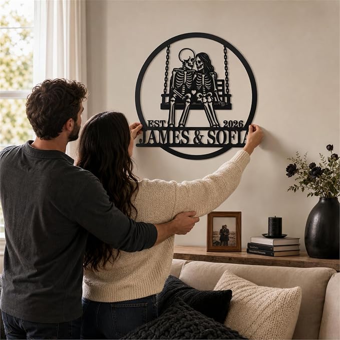 Personalized Skeleton Couple Metal Sign, Custom Couple Name Metal Wall Art, Gothic Wedding Decor, Halloween Home Decor for Living Room Bedroom Entryway