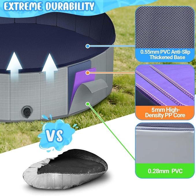 Dog Kiddie Pool for Small Medium Dogs, Kids, 39" Gray | Includes Repair Patches, Non-Slip Bottom, Scratch-Resistant, Collapse Prevention, Indoor & Outdoor Use, Easy Maintenance