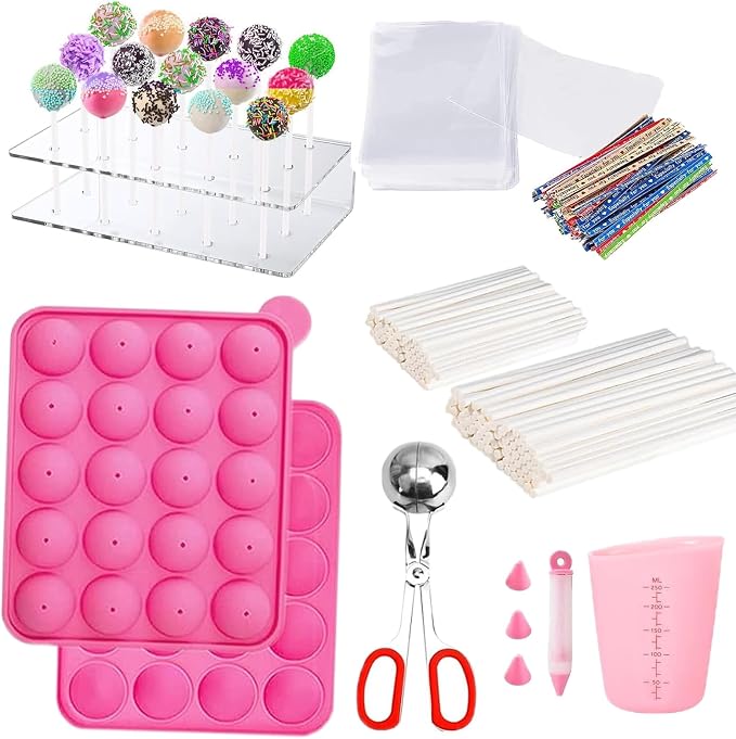 605Pcs Cake Pop Kit,Silicone Lollipop Molds Including Lollipop Sticks,Measuring Cup,Treat Bags,Twist Ties,Decorating Pen,Round Mold,Meat Baller with Handles,Lollipop, Candy,Display Stand Holder