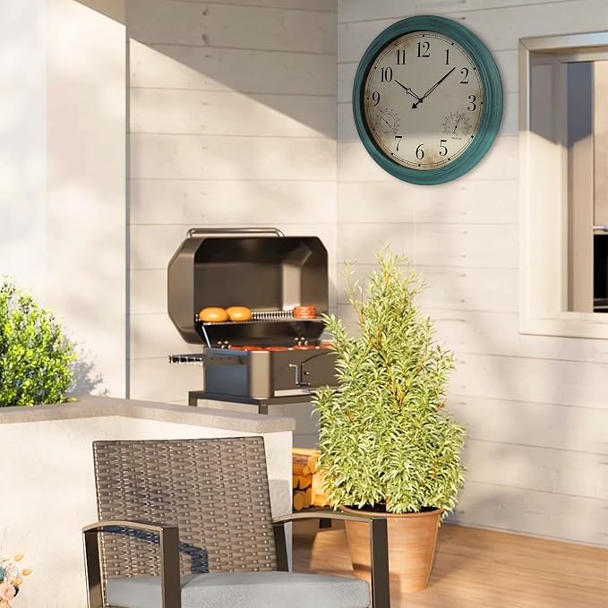 18 Inch Wall Clock, Retro Outdoor Clock Non-Ticking Waterproof Indoor Outdoor Clock with Thermometer, Green