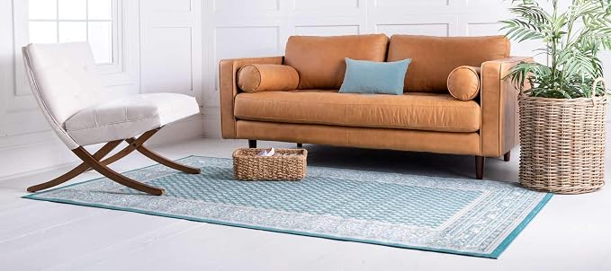 Unique Loom Williamsburg Collection Traditional Border with Dotted Center Area Rug, Rectangular 4' 1" x 6' 1", Teal/Beige