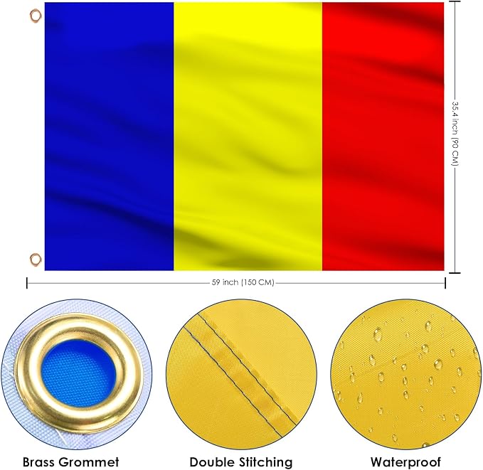 AhfuLife Romania Flag 3x5 Ft, Large Romania National Flags foe Outside - Double Side with Brass Eyelets for Olympic Party Decorations, Bar Garden Street Decoration Indoor Outdoor