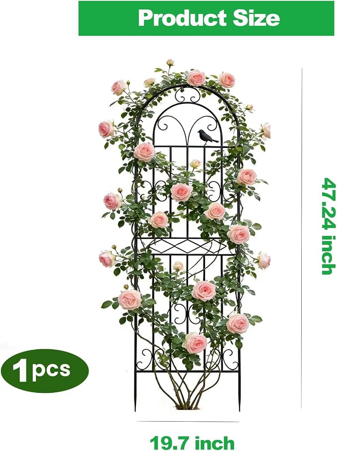1 Pack 47.2"x19.7" Metal Gardon Trellis for Climbing Plants Flowers Outdoor, Rustproof, Heavy Duty, Black Coating Plant Support for Rose, Vines, Flowers, Perfect for Training Climbing Plants, Black