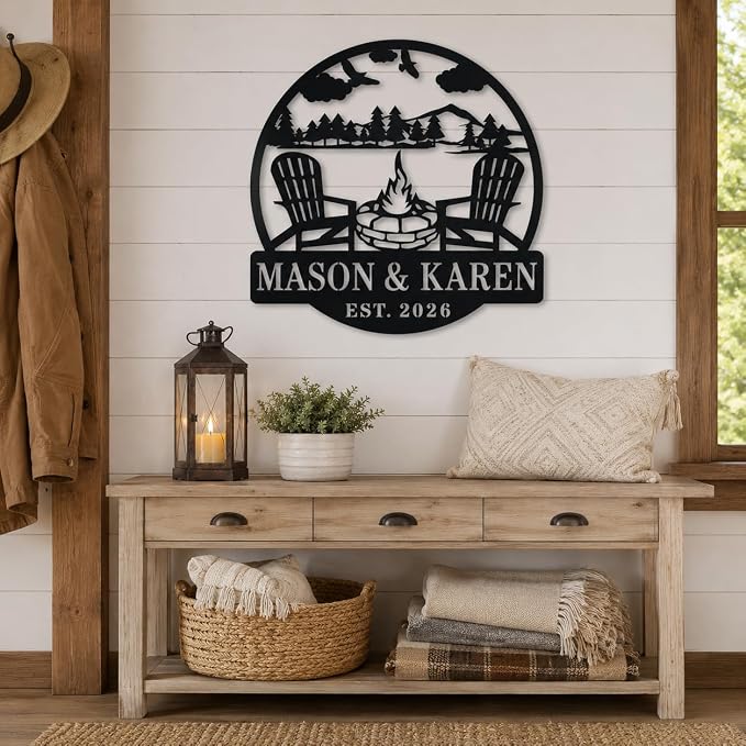 Personalized Campfire Metal Sign Custom Family Name Plaque, Mountain Cabin Wall Art for Backyard Fire Pit, Outdoor Camping Decor for RV Campsite and Nature Lovers