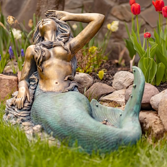 Magnesium-Based Cement Mermaid Statues for Both Indoor and Outdoor Use (Reclining on Rock Mermaid Camree)