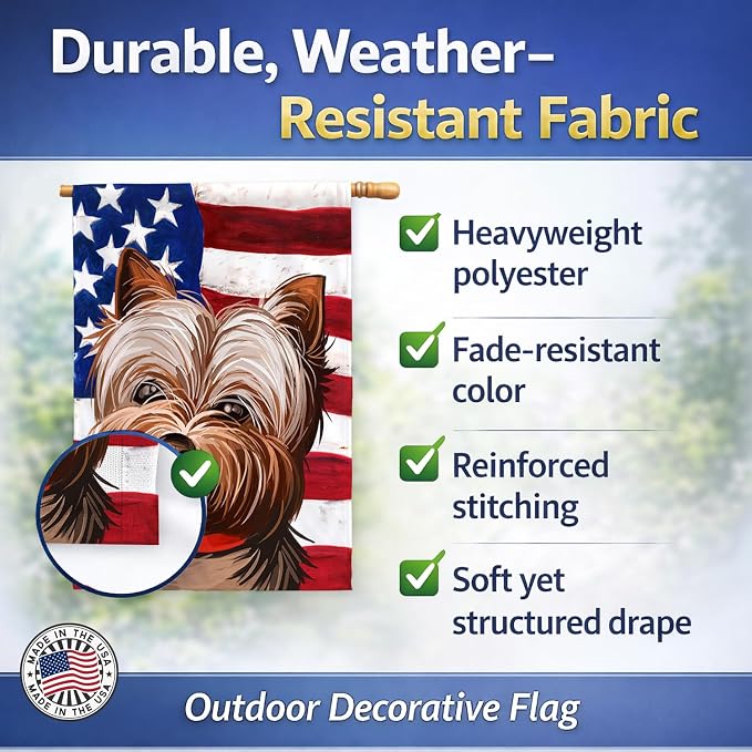 Caroline's Treasures CK6760CHF Yorkshire Terrier American Flag House Flag Large Porch Sleeve Pole Decorative Outside Yard Banner Artwork Wall Hanging, Polyester, House Size, Multicolor