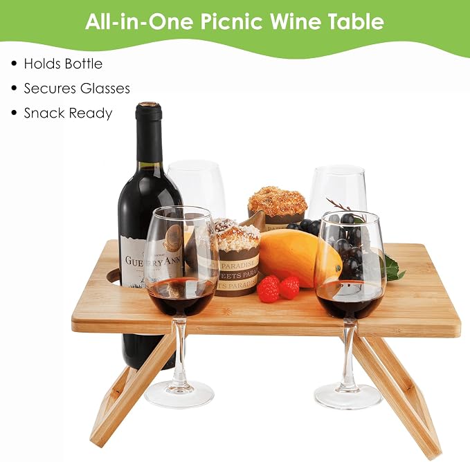 Youeon Portable Wine Picnic Table with 5 Wine Glasses Holder, Foldable Champagne Picnic Snack Table, Wine and Cheese Table for Picnic, Camping, Park, Beach, Wine Lover Gift
