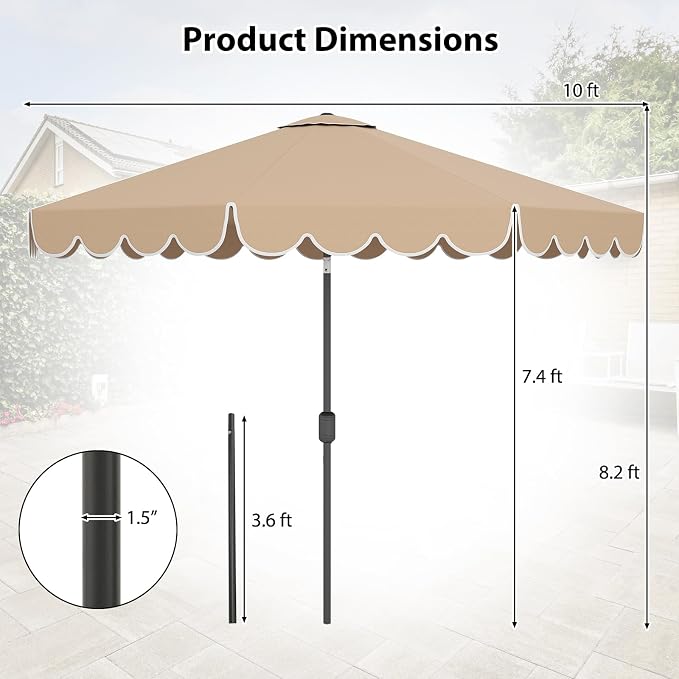 HAPPYGRILL 10 FT Patio Umbrella, Market Table Umbrella w/Crank, Push Button Tilt, Ruffled Edges, Vented Top & 8 Ribs, Outdoor Sun Shade for Poolside Backyard Beach