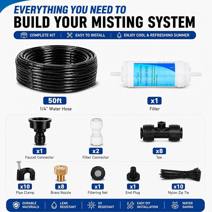 50FT Misters for Outside Patio, Outdoor Misting Cooling System with 8 Brass Nozzles & Filters, DIY Misting Kit for Backyard Garden Greenhouse Deck Umbrella Canopy Pool Porch Trampoline