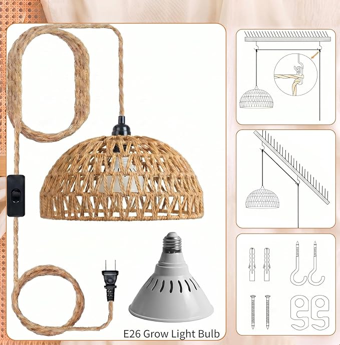 Boho Decorative Hanging Grow Light, Pendant Plant Light for Indoor Plants, Ceiling Grow Lamp with 24H Timer for Plant Corner Bedroom Living Room