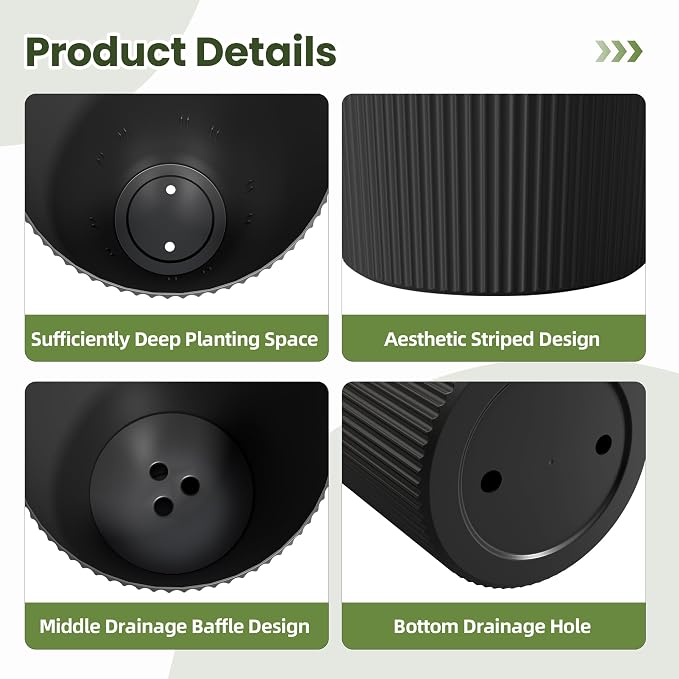 23.6" H Tall Planters for Outdoor Plants Set of 2 - Fluted Large Outdoor Planters for Front Porch Decor with Drainage Hole, Plastic Round Conical Flower Pots Fits Indoor Plants Patio, Black
