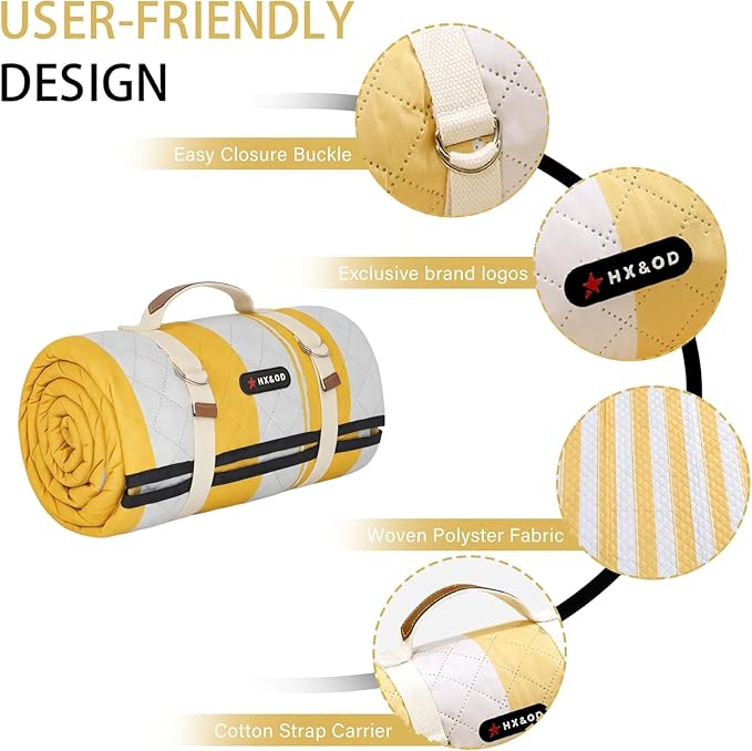 HX&OD Outdoor Picnic Blanket Extra Large, 80''*80'' Waterproof Picnic Mat with Stakes Foldable Camping Blanket Portable with Carry Strap for Beach Mat (Yellow& White, 80''*80'')