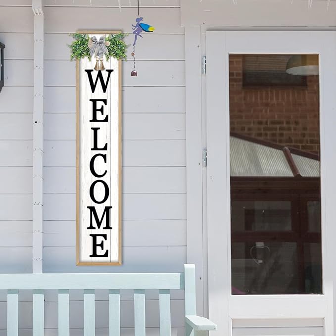 Welcome Sign for Front Porch Standing 45"X9" Large Vertical Farmhouse Outside Front Door Sign Leaner Tall Vintage Outdoor Wreath Patio Garden Wood Framed Decorations (Wood White)