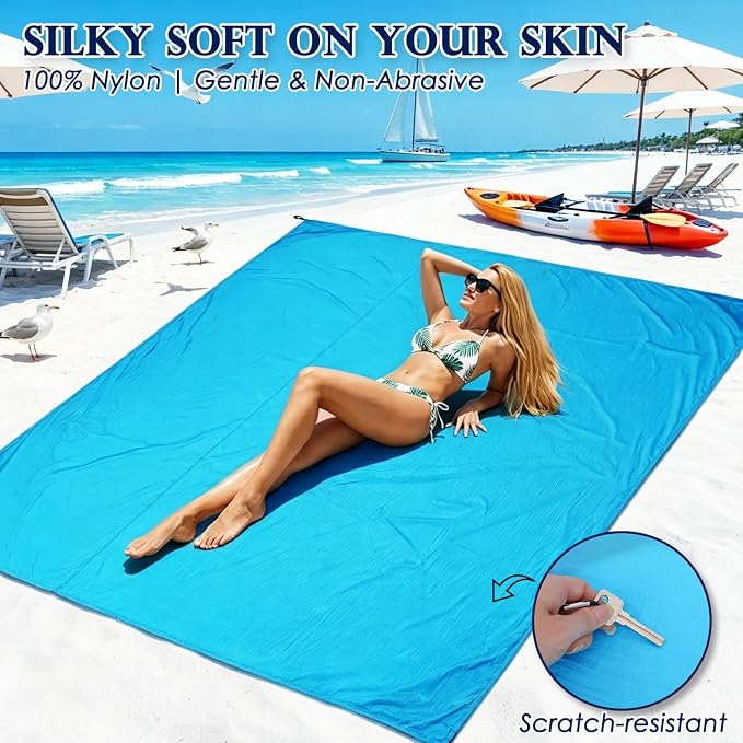 Fammart Beach Blanket Sandproof Waterproof, Extra Large Beach Mat with Stakes & Corner Pockets, Oversized & Compact Sand Free, Quick Drying Beach Essentials for Vacation, Cruise, Picnic & Camping