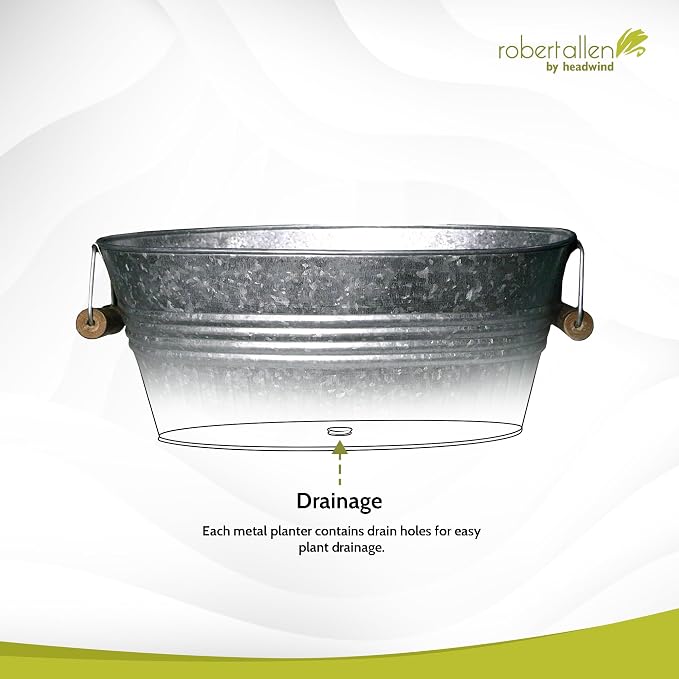 Headwind Vintage Collection 14-Inch Oval Galvanized Tub with Handles – Metal Wash Basin Planter - Galvanized Metal Tub for Indoor & Outdoor Use by Robert Allen