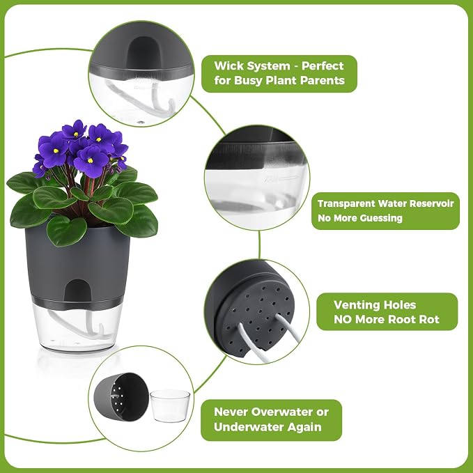Planterhoma 8 Pack Self Watering Pots for Indoor Plants, 6 Inch Plant Pot Plastic Self Watering Planter for Orchid, African Violet, Small Clear Flower Pots with Drainage Holes and Wicking Rope, Gray