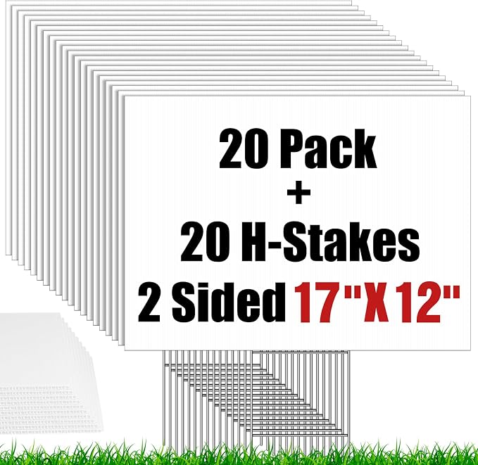 20Pcs Blank Yard Signs with Stakes, IKAYAS 17X12inch White Garden Yard Signs Yard Sale Signs Corrugated Plastic Signs for Party Decorations,Garage Sale, Guidepost, Open House
