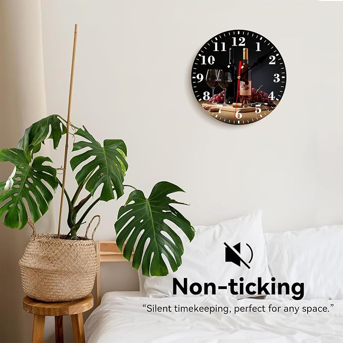 Wall Clock, Red Wine and Grapes Silent Non Ticking Battery Operated Round Decorative Indoor Outdoor Clocks for Living Room Kitchen Bedroom Bathroom Patio 12"