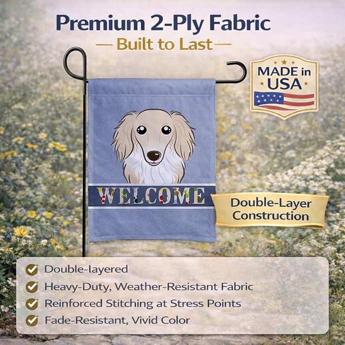 Caroline's Treasures BB1398GF Longhair Creme Dachshund Welcome Garden Flag, Blue Mailbox Flag Decorative Yard Flag Banner Outside Patio Artwork Yard Flower Beds, Garden Size, Multicolor