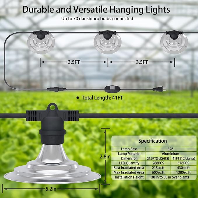 Outdoor LED Grow Light, Waterproof String Plant Growing Light, 41 FT Full Spectrum Growth Light, Suitable for Garden, Farm, Flower, Seedling Greenhouse Grow Light (12 Light)