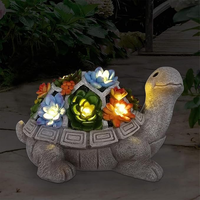 Solar Garden Outdoor Statues Turtle with Succulent | 7 LED Lights, Lawn Decor Statue for Patio, Balcony, Yard Ornament, Gifts for Mom Grandma Women