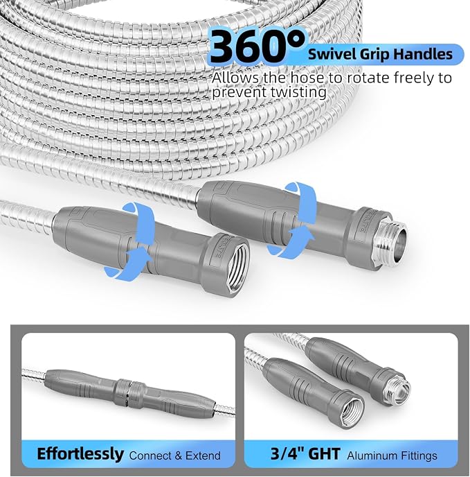 SPECILITE 304 Stainless Steel Garden Hose 100ft with 360° Swivel Handle, Lightweight & Flexible Metal Water Hose with Heavy Duty Nozzle for Yard, Outdoor, Lawn