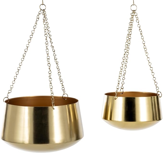 Deco 79 Metal Indoor Outdoor Wall Planter Indoor Outdoor Hanging Dome Hanging Planter with Chain, Set of 2 Plant Hanger 5", 7"H, Gold