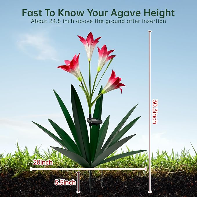 Homight Solar Metal Agave Lily Flower Garden Sculpture with LED Lights 30.3 Inch Waterproof Outdoor/Indoor Yard Decor Handmade Lawn Ornament Gift for Family Friends (2, Grass Green)
