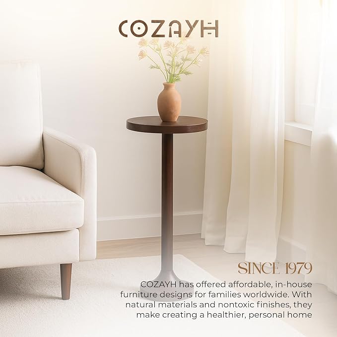 COZAYH Small Pedestal End Table, Living Room Accent Side Table - Display Stand with Wood Top & Distressed Finish Metal Base, Light Espresso