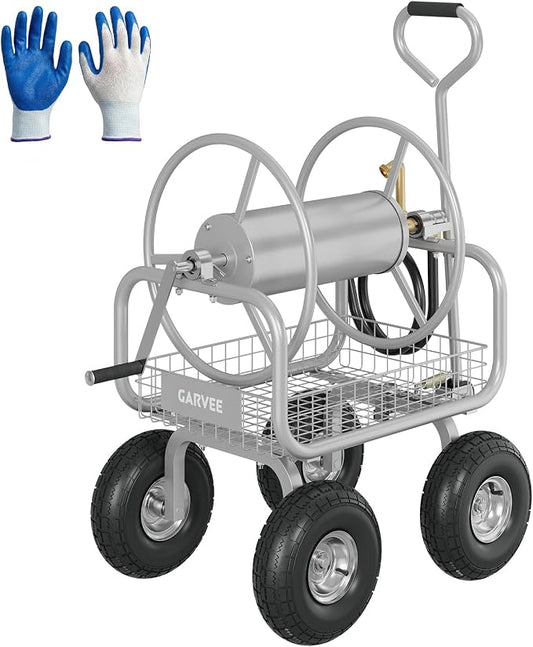 Garvee Garden Hose Reel Cart with Wheels, Hold Up to 300 ft of 5/8" Hose, Heavy Duty Water Hose Reel with Storage Basket, Mobile Outdoor Hose Storage for Garden, Yard, Farm