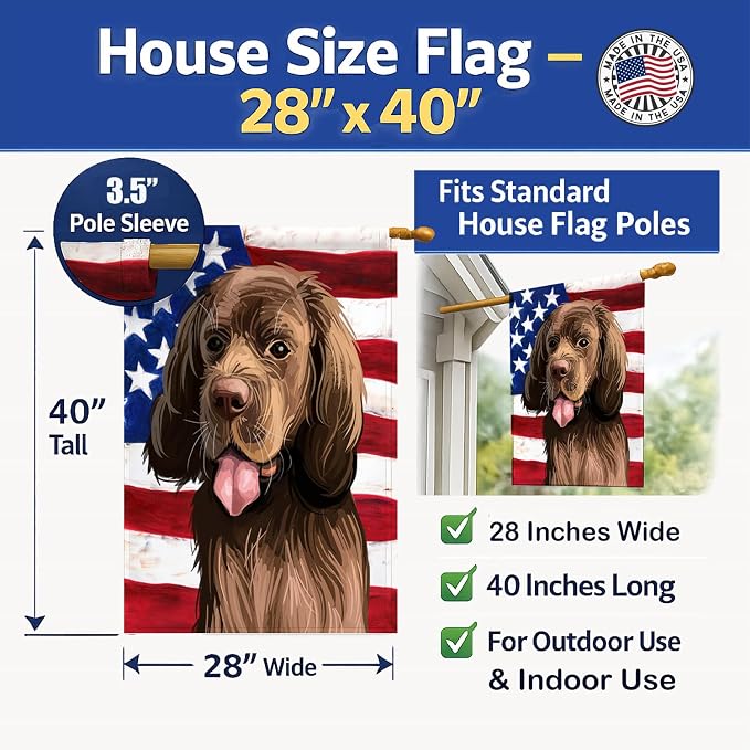 Caroline's Treasures CK6729CHF Sussex Spaniel Dog American Flag House Flag Large Porch Sleeve Pole Decorative Outside Yard Banner Artwork Wall Hanging, Polyester, House Size, Multicolor