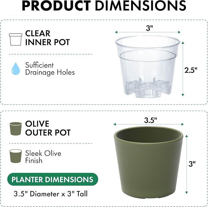Phoenix Vine 3.5 Inch Olive Plastic Cachepot with Clear Nursery Pot, Decorative Lightweight Planter Cover with Transparent Inner Pot for Indoor Houseplants, Pack of 1, 24-A-F-1